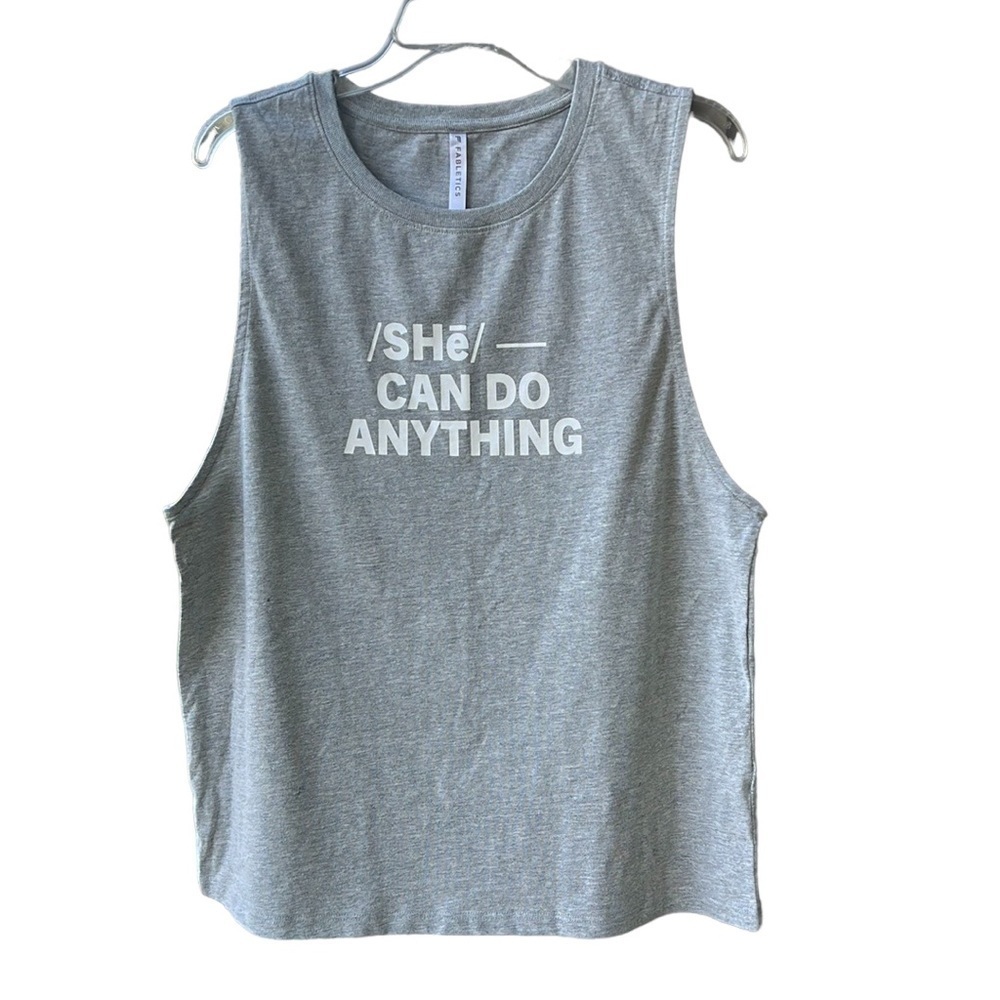 Fabiletics Women’s size M Oversized Heather Gray Cotton Graphic Tank.